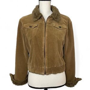 Vintage 90's Y2K Tan Corduroy Zip Jacket Faux Fur Trim Cuffs Cotton Blend Size L